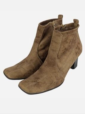 Vintage 90s Predictions Brown Faux Suede Ankle Boot Square Toe Heeled Side Zip 7